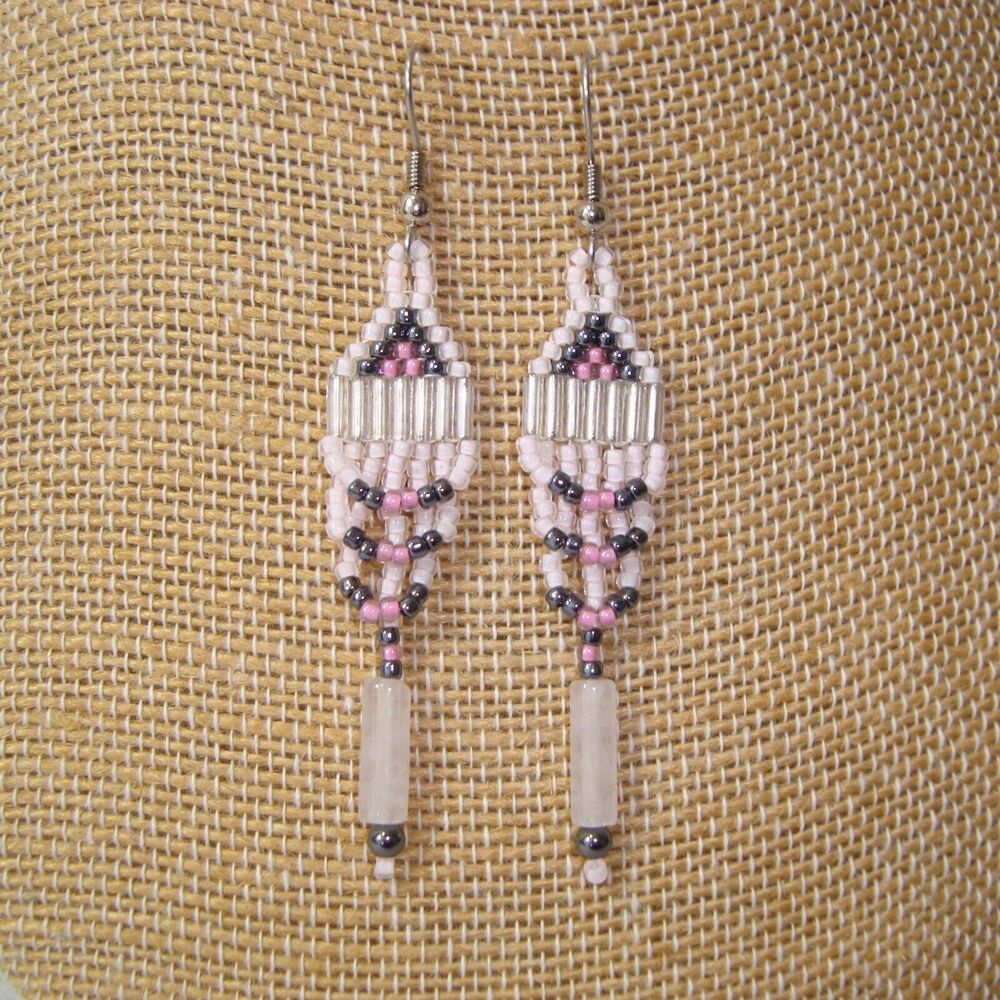 NEW Artisan Designed Handmade Pink Gunmetal Beaded Earrings with Rose Quartz